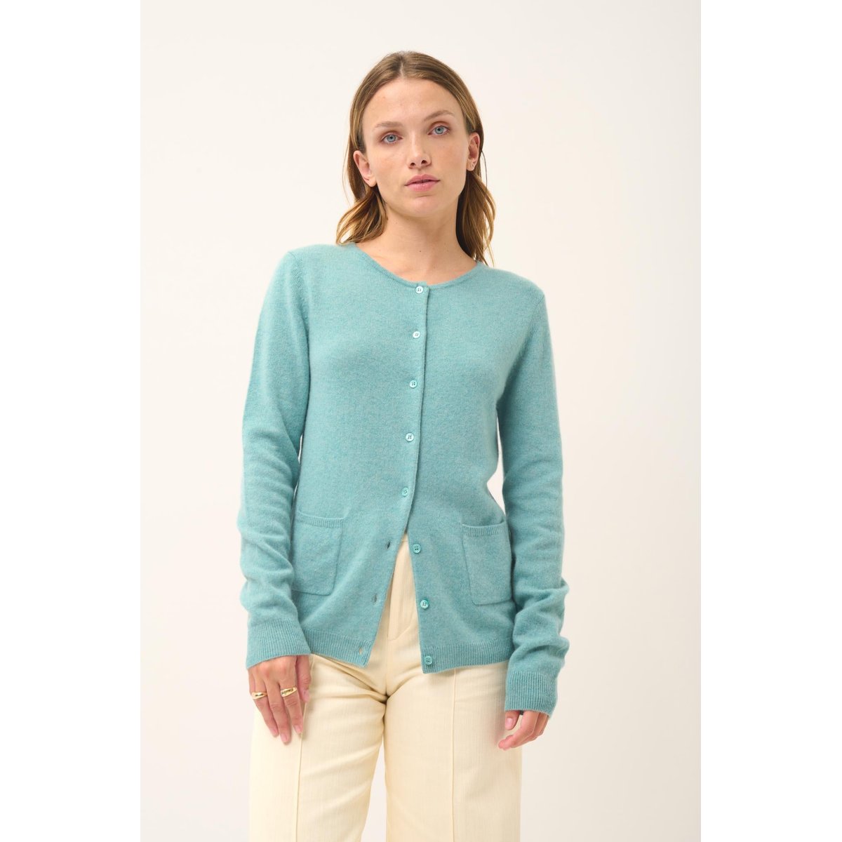 Cardigan Col Rond Vert Chiné Katharine vert chiné, JUST CASHMERE