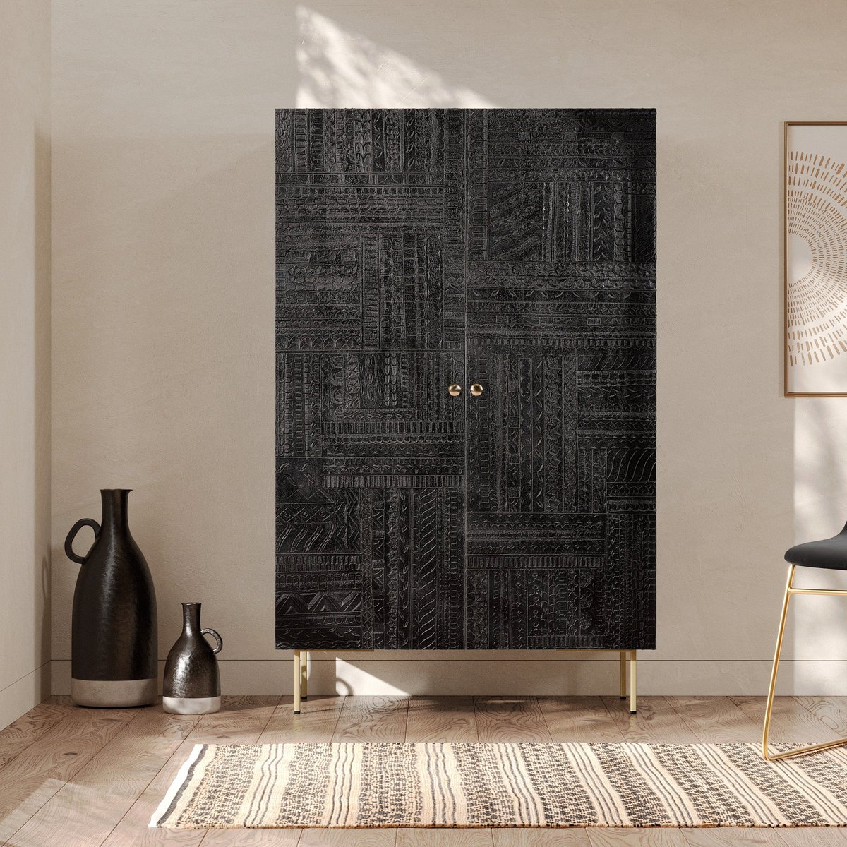 Armoire gravée en bois et métal - CHIMANE noir, MAISON PAVANE