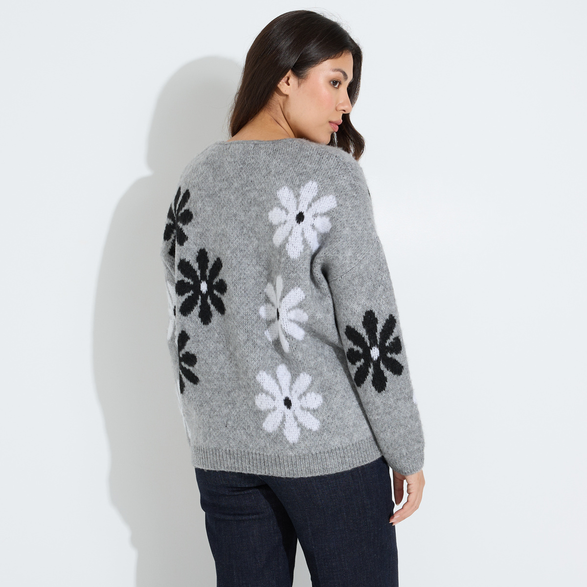 Pull col V jacquard fleuri gris, GRAIN DE MALICE