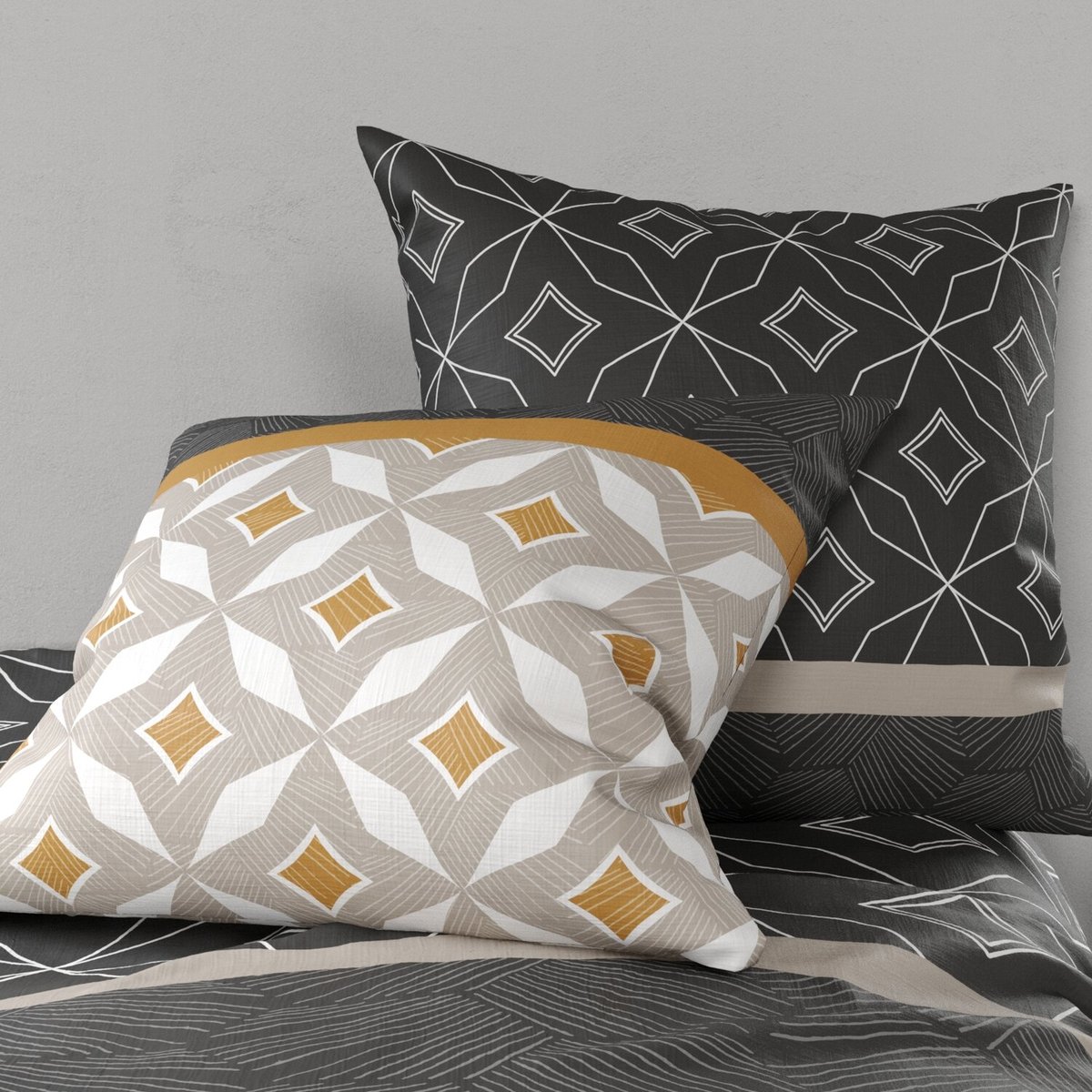 Parure housse de couette imprimée avec taie(s) coton, Ota beige, ATELIER DU COTON