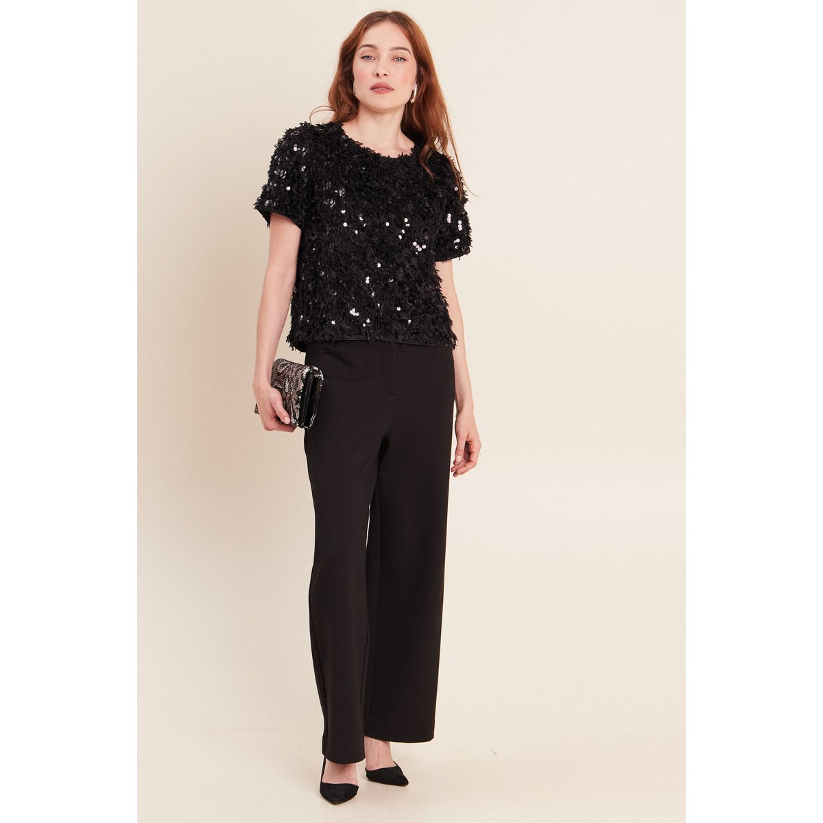 T-shirt à sequins manches courtes noir, BREAL
