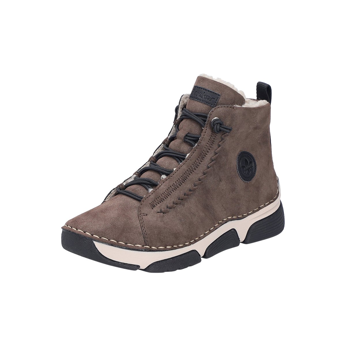 Bottines à talon compensé bas, lacets élastiqués avec zip et logos taupe, RIEKER