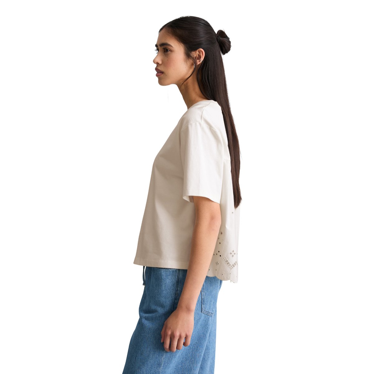 T-shirt avec broderie anglaise relaxed en mélange de matériaux blanc, MARC O’POLO DENIM