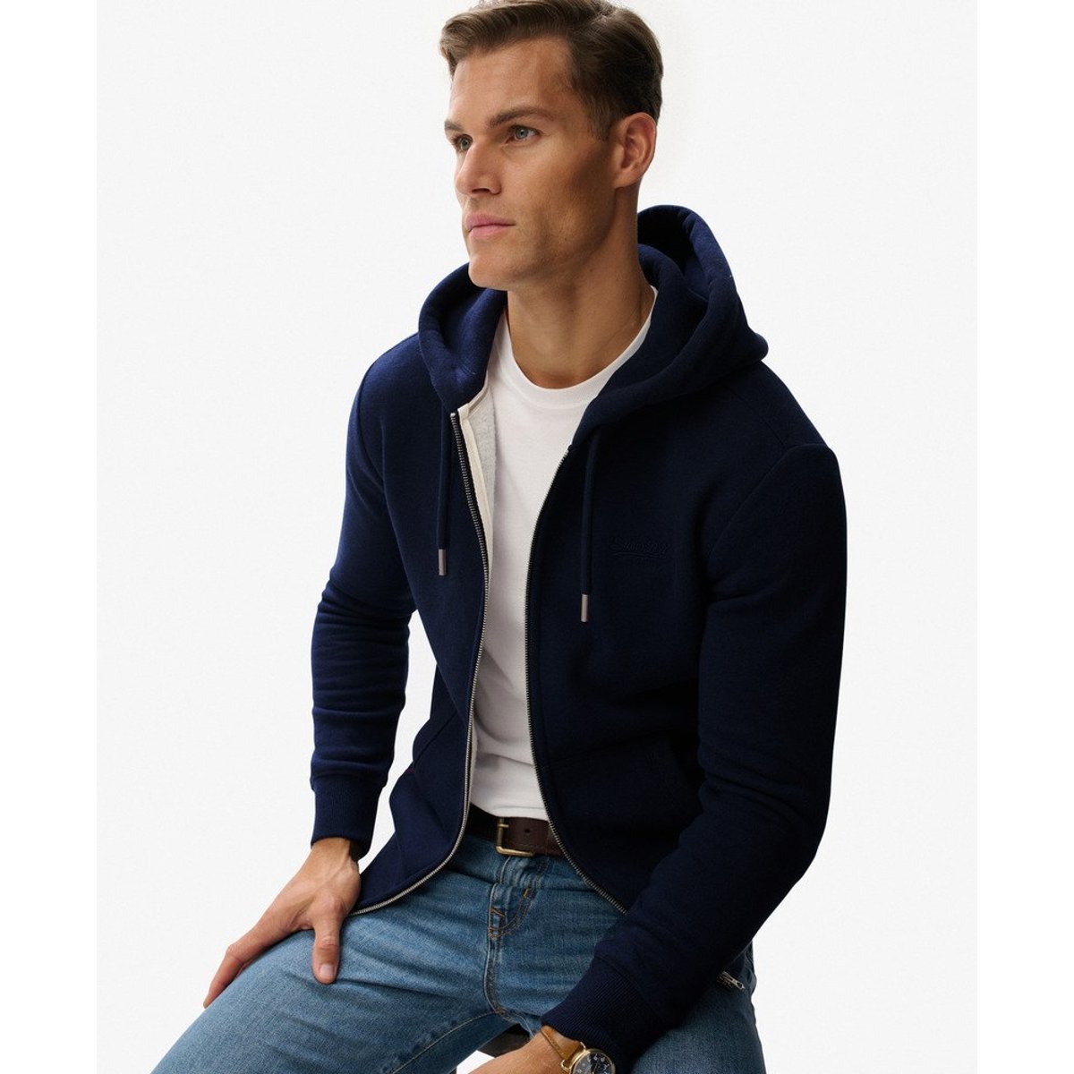 Sweat à capuche zippé Logo Vintage brodé bleu marine chiné intense, SUPERDRY
