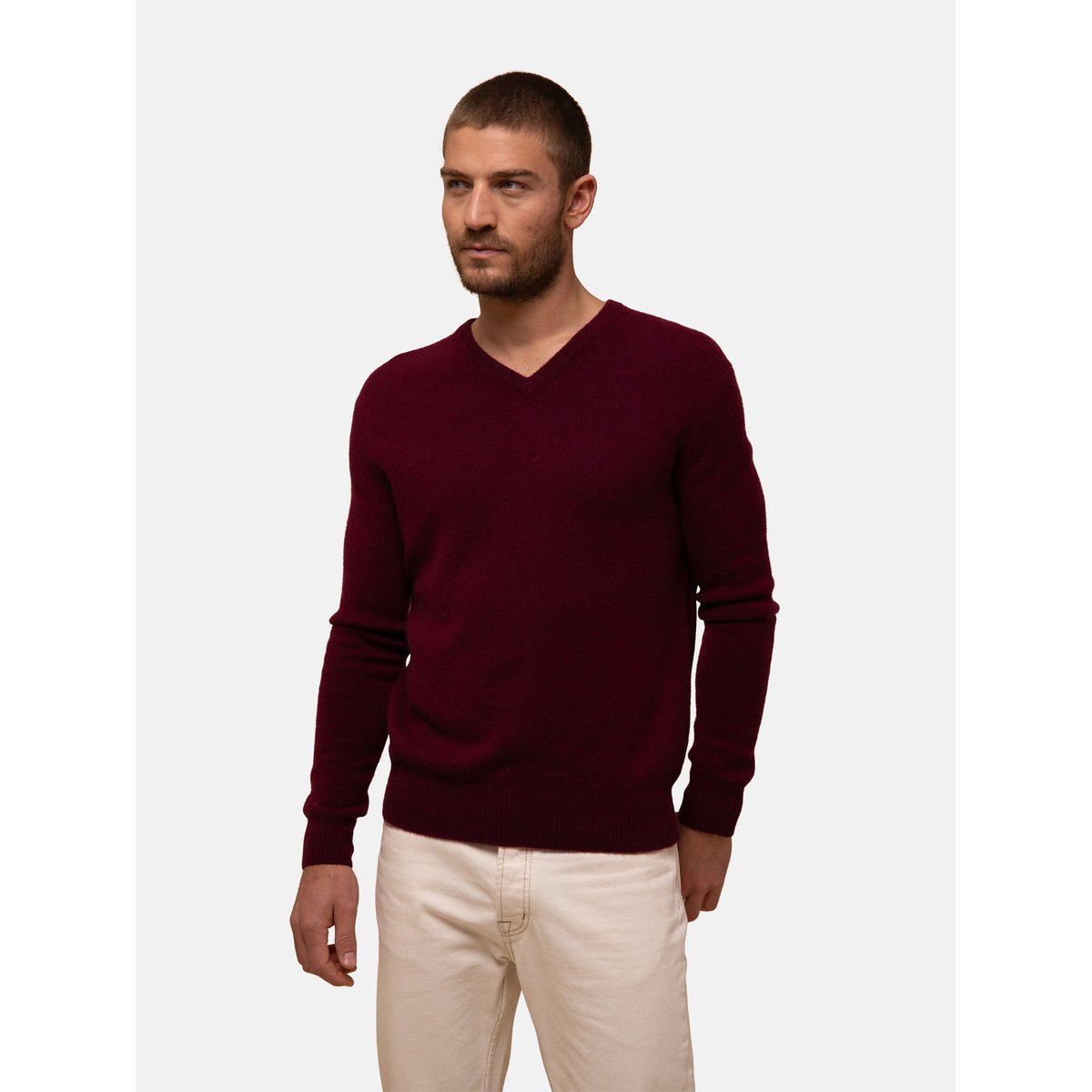 Pull col v pur cachemire NATHAN bordeaux, JUST CASHMERE