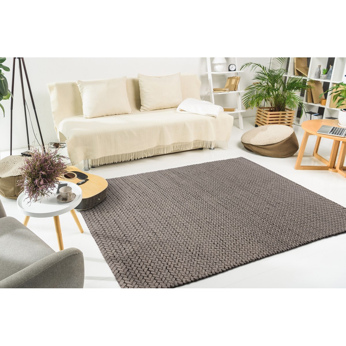 Tapis salon et chambre tressé main en laine BORY marron, NOVATREND