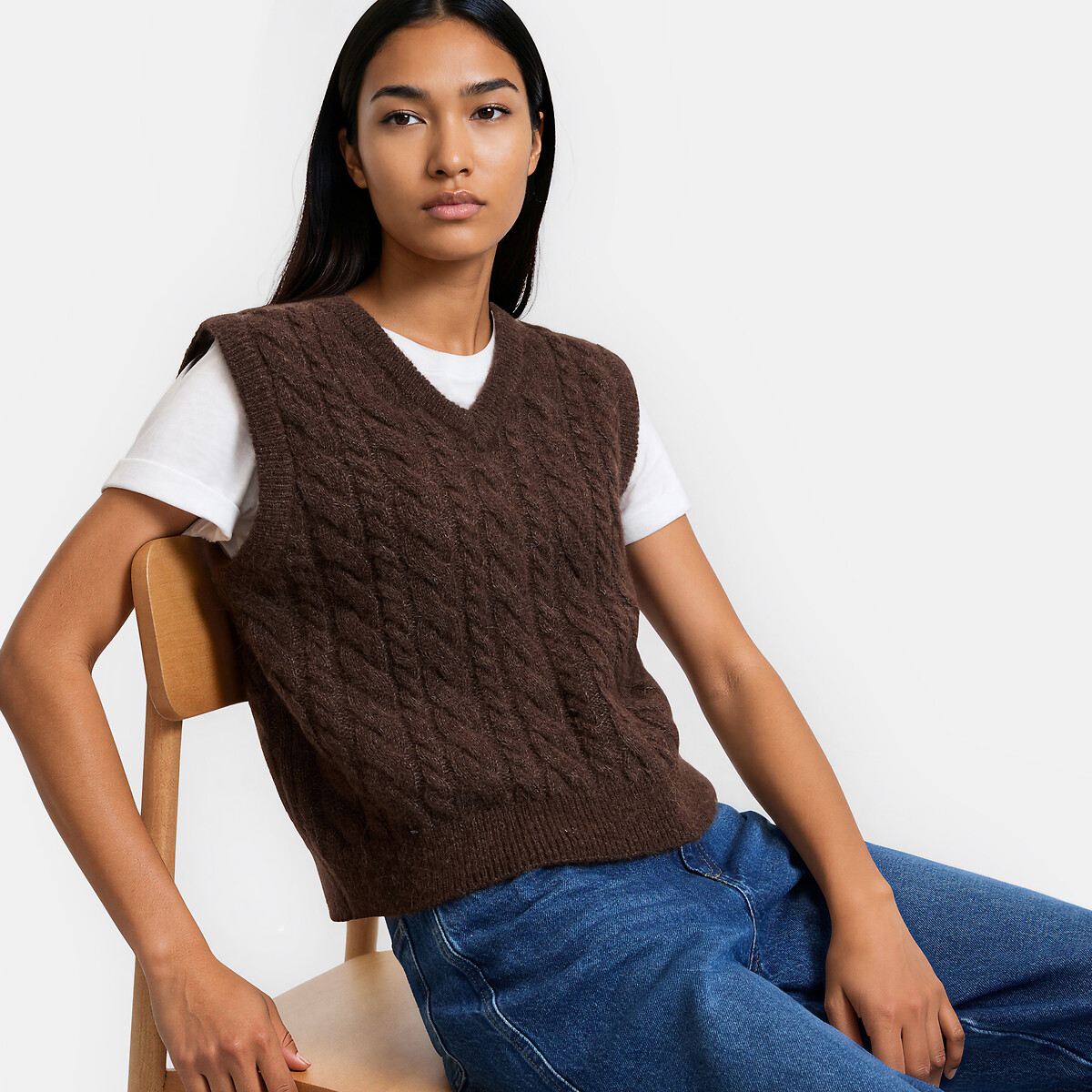 Alpaca Blend Sleeveless Cable Knit V-Neck Jumper brown, LA REDOUTE COLLECTIONS