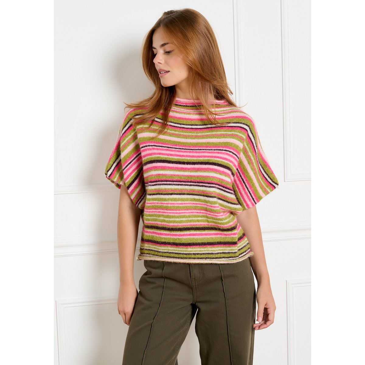 Pull rayé manches courtes vert, LOLALIZA