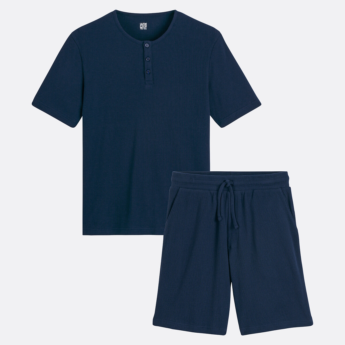 Pyjashort T-shirt col tunisien manches courtes bleu marine, LA REDOUTE COLLECTIONS