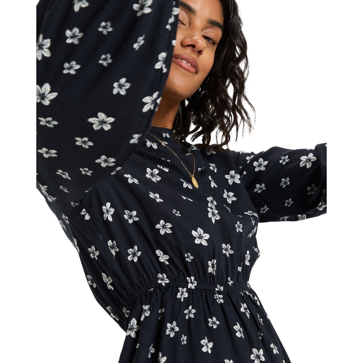 Mini robe à manches longues avec empiècement en dentelle VL SUNSET SEASON. noir anthracite sol searcher ditsy, ROXY