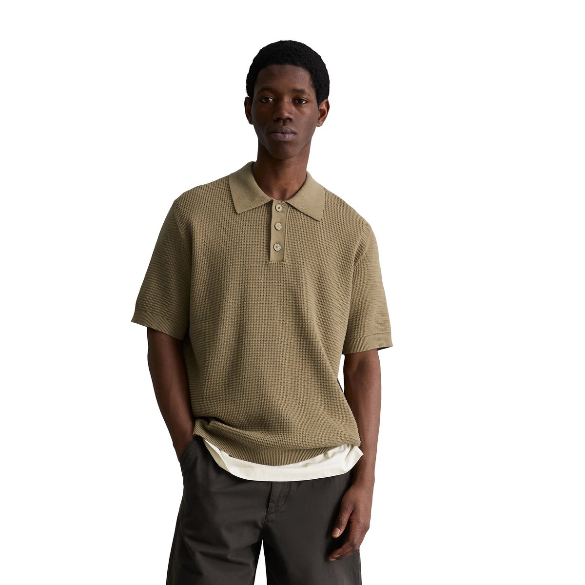 Polo en tricot DfC avec structure gaufrée marron, MARC O’POLO DENIM