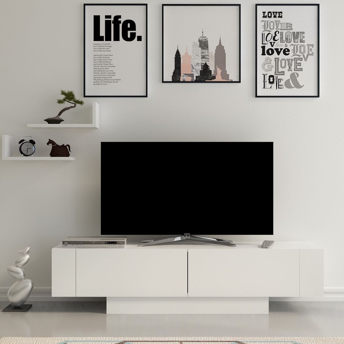 Ensemble meuble TV 2 portes + 2 étagères murales - OTRINE blanc, HOMIFAB