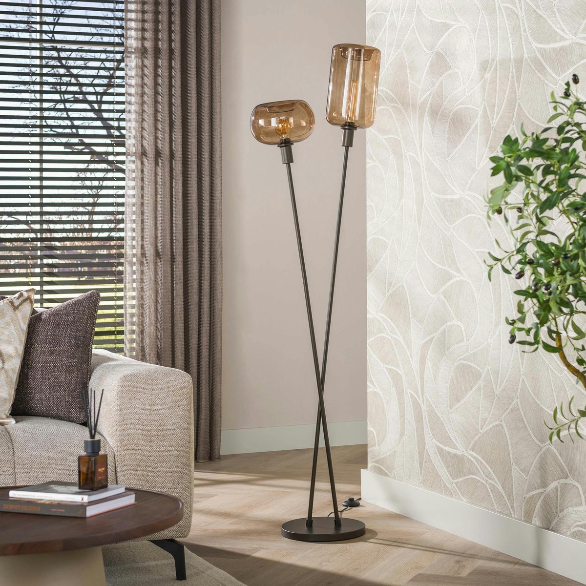 Lampadaire 2 abat-jour en verre NIAGARA brun, PIER IMPORT