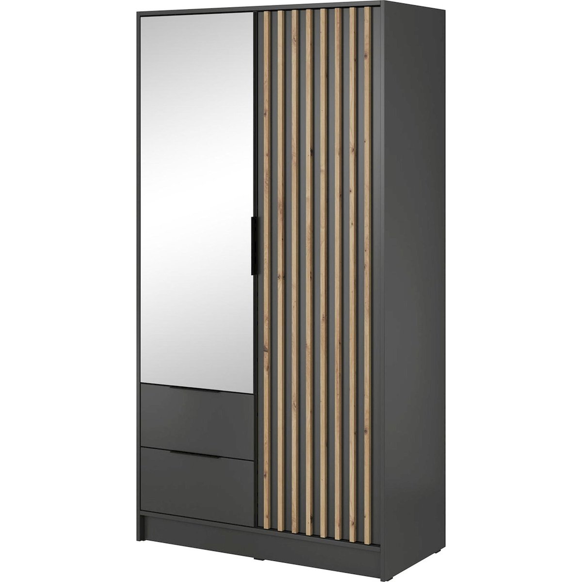 Armoire 2 portes avec miroir et lattes KARETTE gris et bois clair, RECOLLECTION