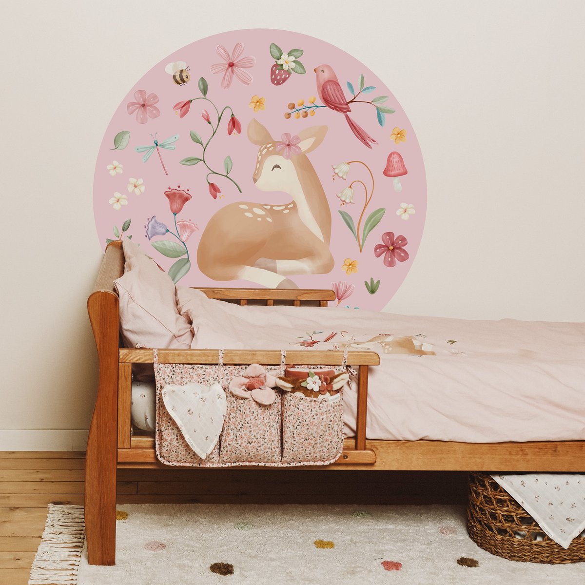 Papier peint rond pour enfant Petit faon rose, vert, ocre, LITTLE DUTCH