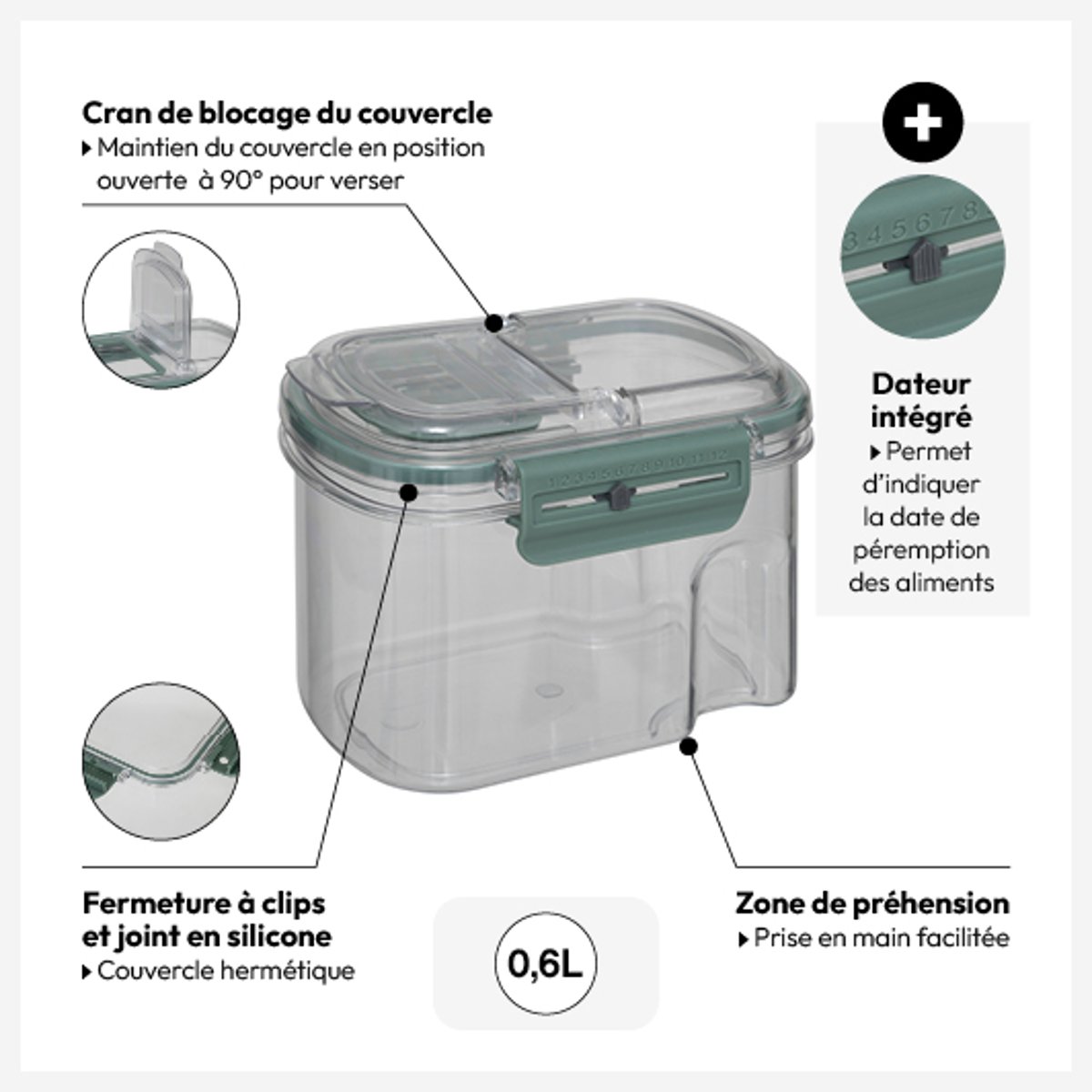 Boîte de conservation 0,6L hermétique avec bec verseur NEO transparent, 5FIVE SIMPLY SMART