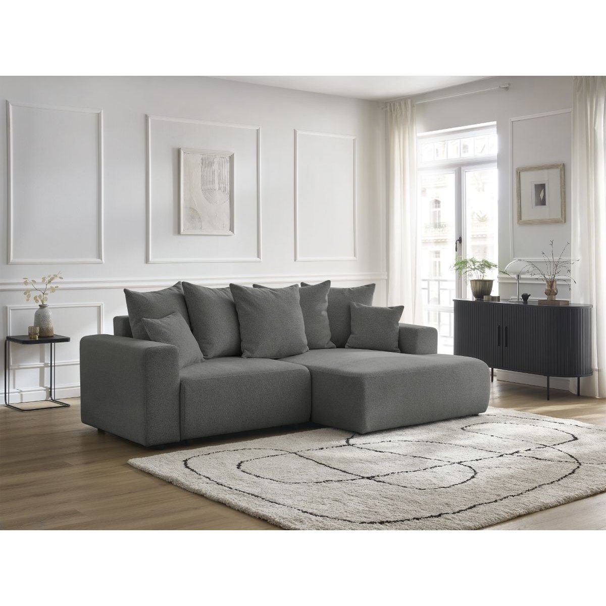 Canapé d'angle convertible 3 places en tissu chiné, ATILLA gris foncé, BOBOCHIC