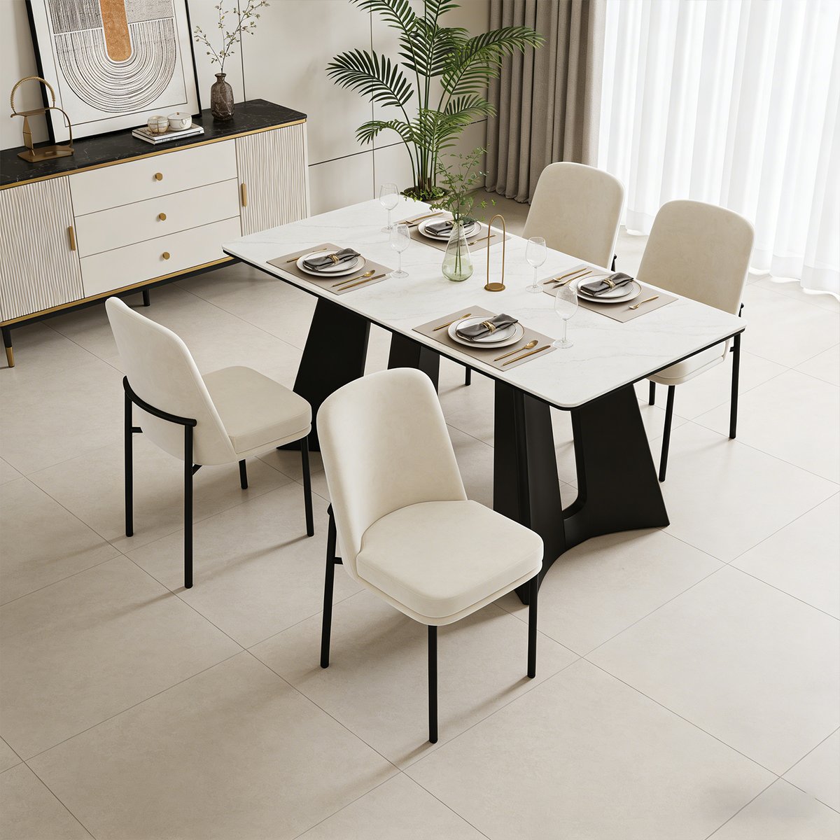 Lot de 4 chaises de salle à manger en velours avec pieds métal, DUORAUC beige, MEUBLES COSY
