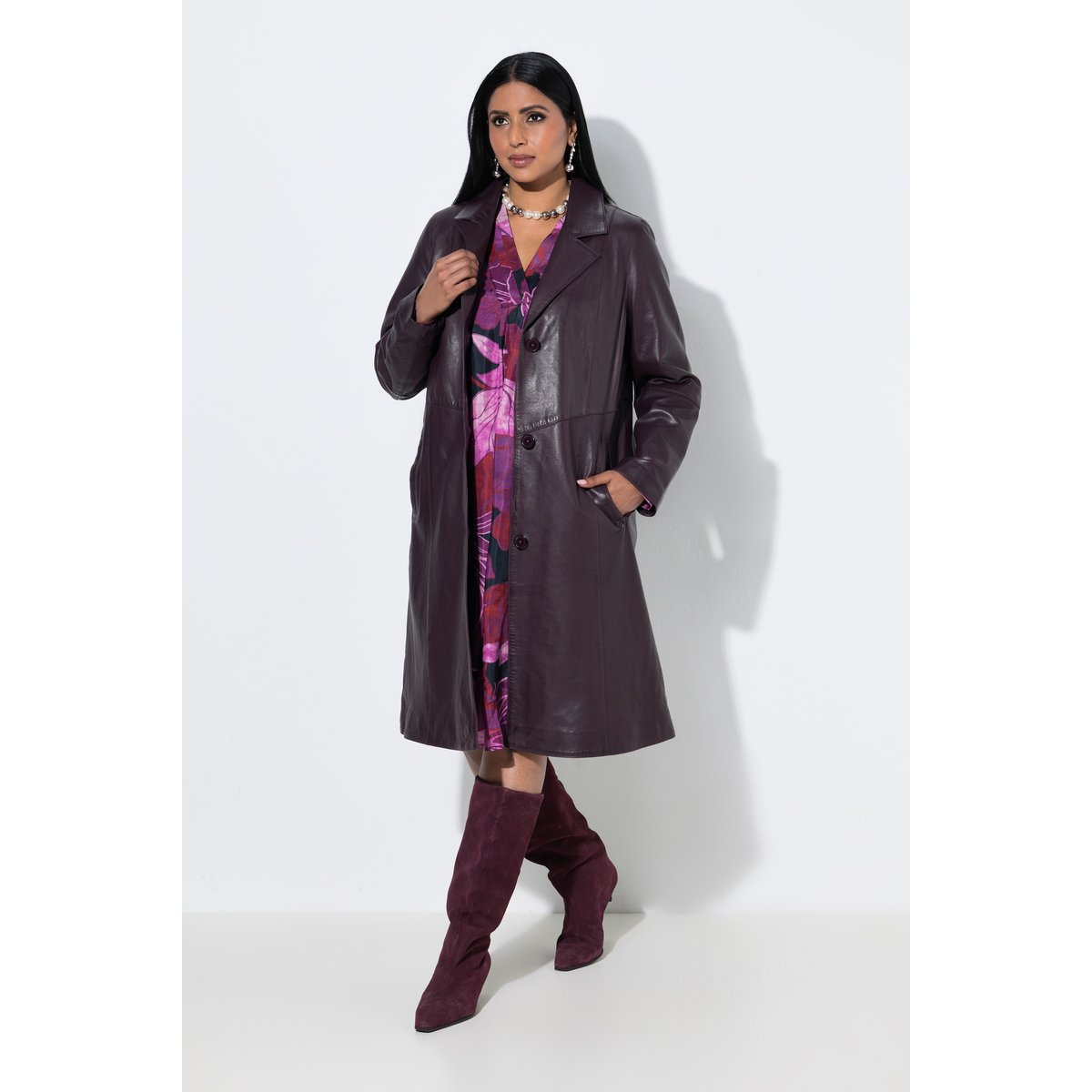 Manteau swing en cuir, coupe évasée prune foncé, ULLA POPKEN