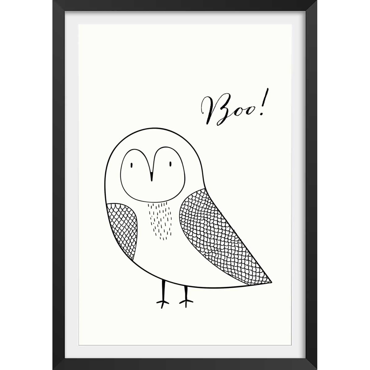 Affiche dessin ""hibou boo"" affiche + cadre en bois - noir, HEXOA