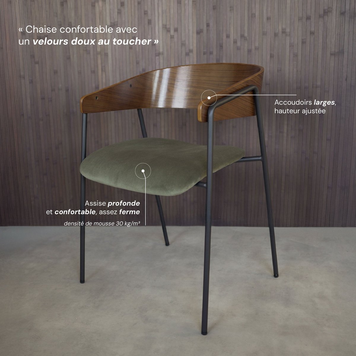 Lot de 2 chaises en velours et bois de noyer - ESMÉE vert kaki, MAISON PAVANE