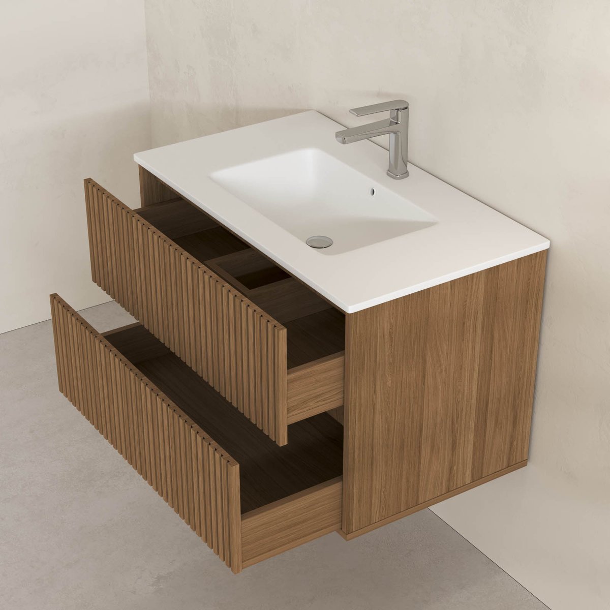Meuble de salle de bain suspendu avec façade crantée, vasque(s) et miroir(s) LED naturel, HOME MAISON