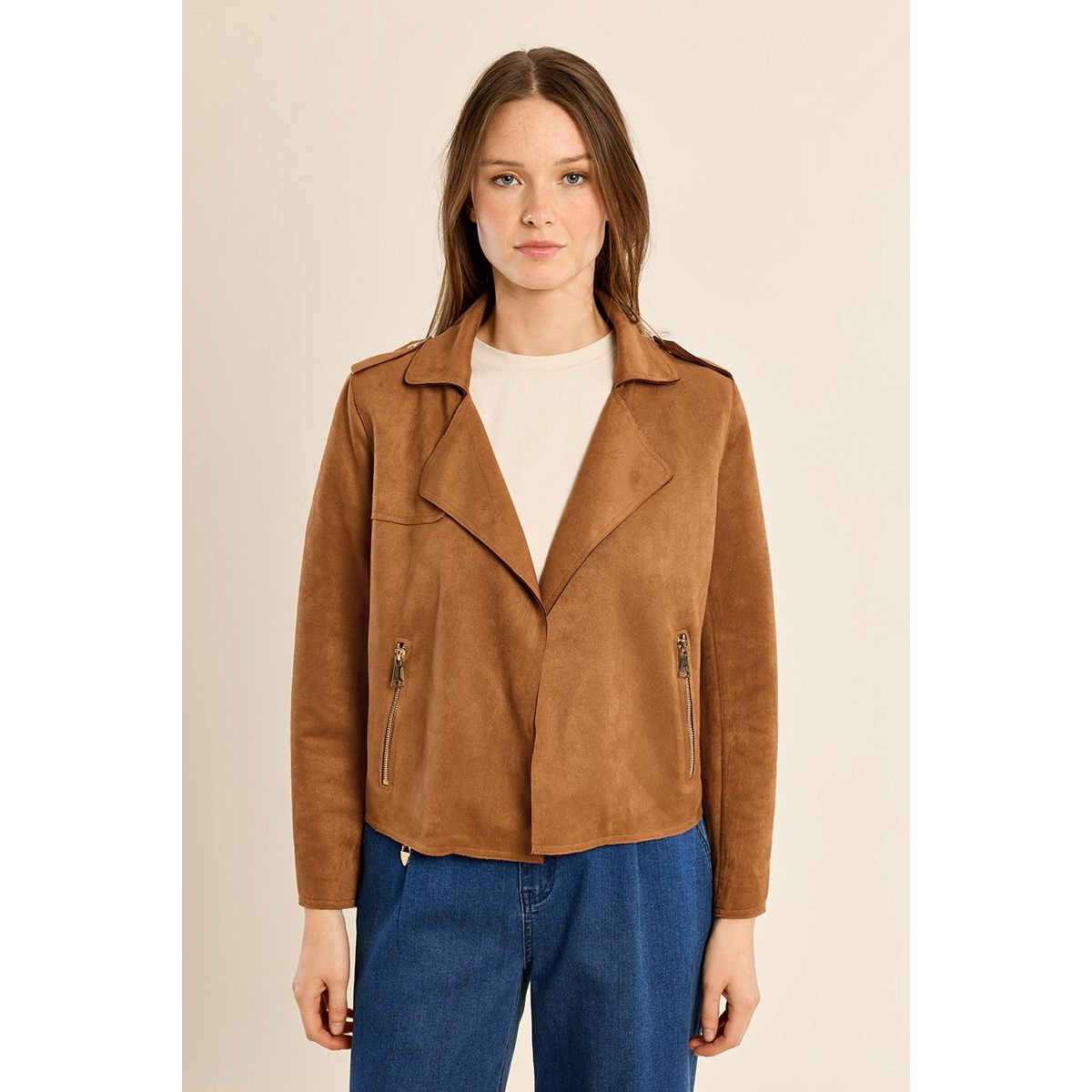 Veste perfecto en suédine camel, MOLLY BRACKEN