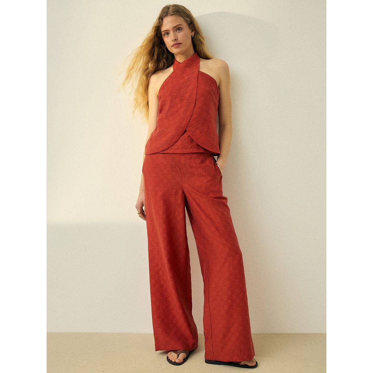 Pantalon à damier jacquard large rouge rouille, NEXT