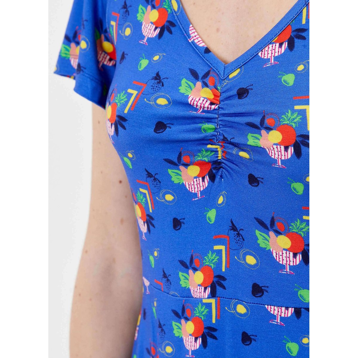 Robe imprimée fluide col V Ecovero LORENE bleu frutti, PRINCESSE NOMADE