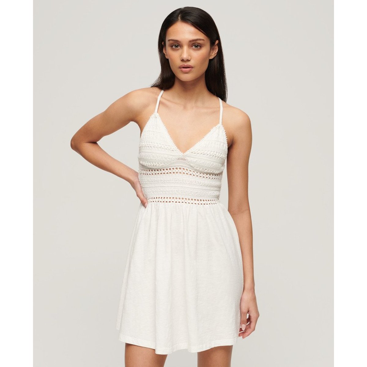 Robe courte en jersey et dentelle blanc cassé, SUPERDRY