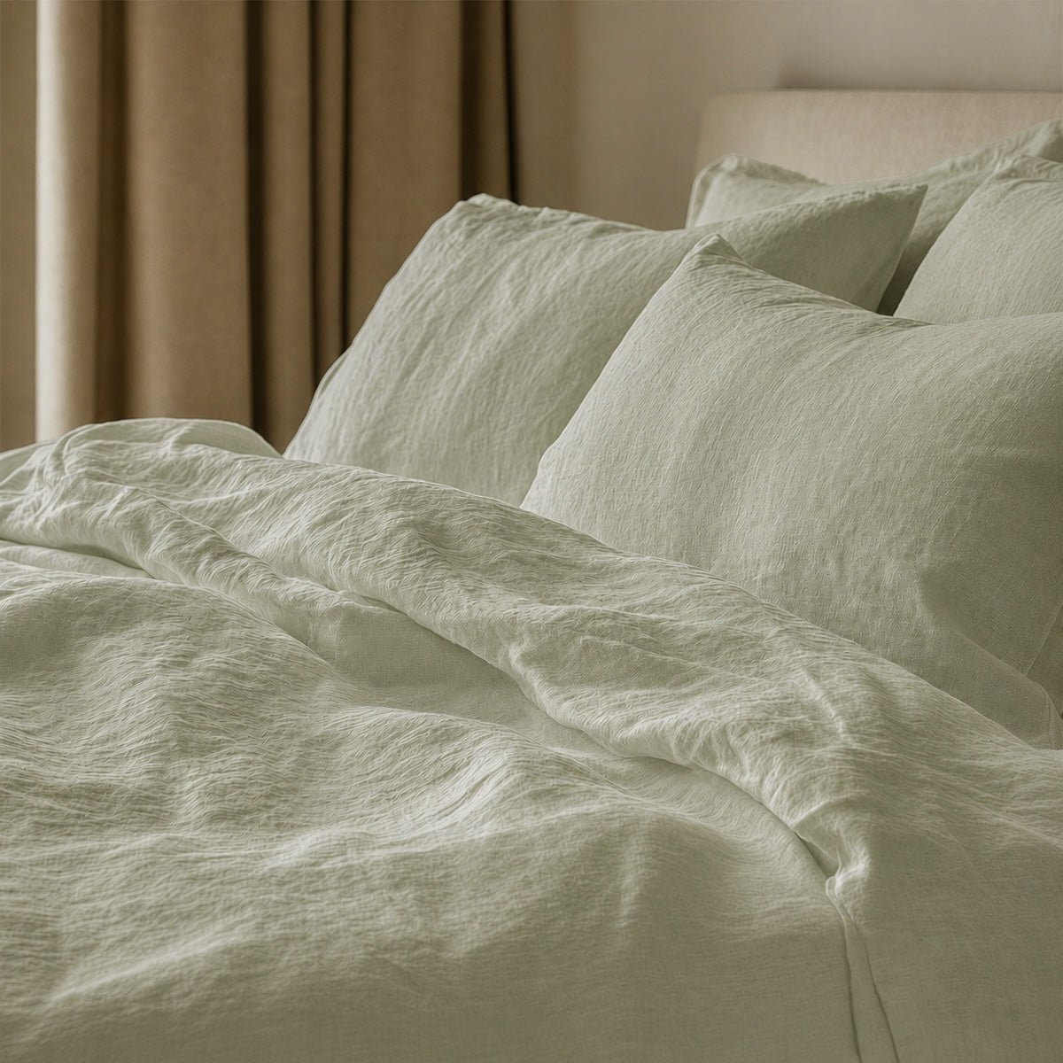 Parure + taies 65x65 lin lavé ADELE Made in Europe vert amande, FEBRONIE