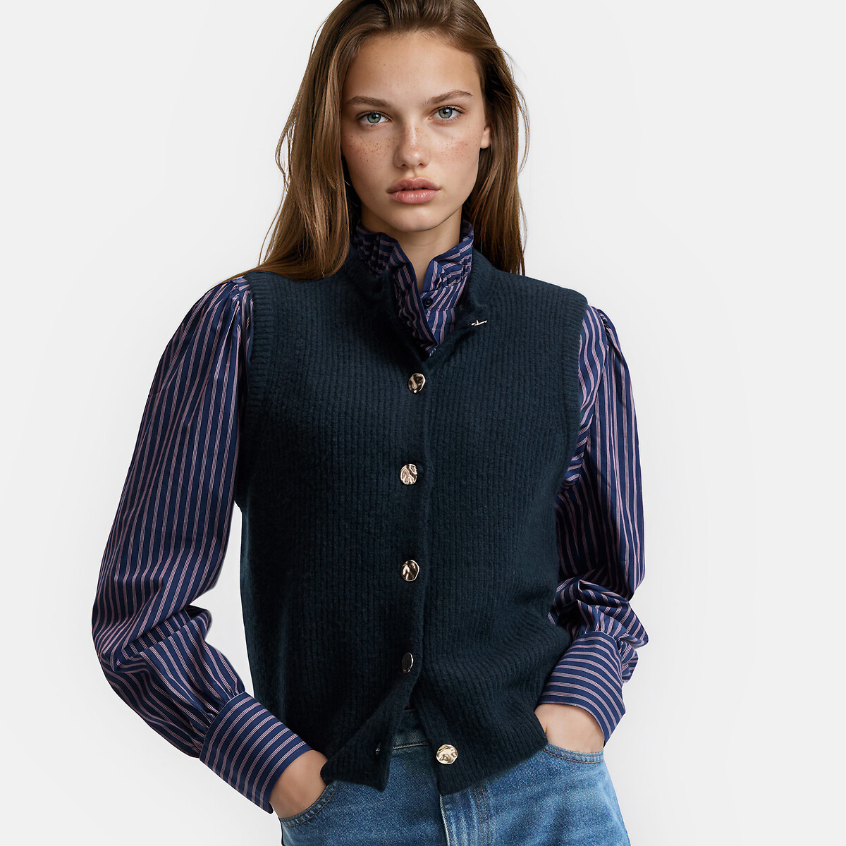 Gilet sans manches en maille côtelée bleu marine, LA REDOUTE COLLECTIONS