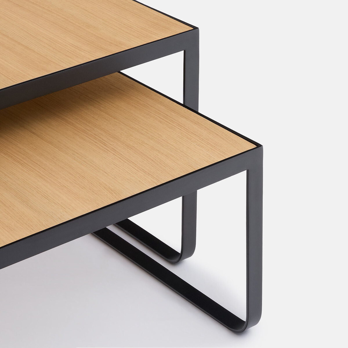 Lot de 2 tables basses gigognes, en plaqué chêne et métal acier, BATHI métal noir/chêne, LA REDOUTE INTERIEURS