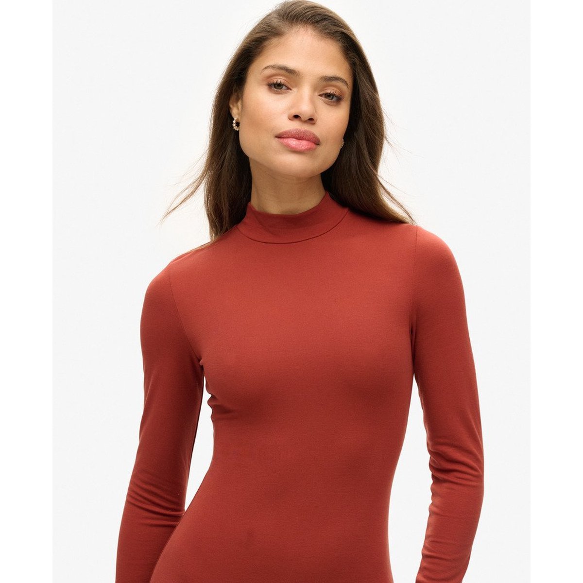 Robe courte en jersey à col cheminée rouge argile, SUPERDRY
