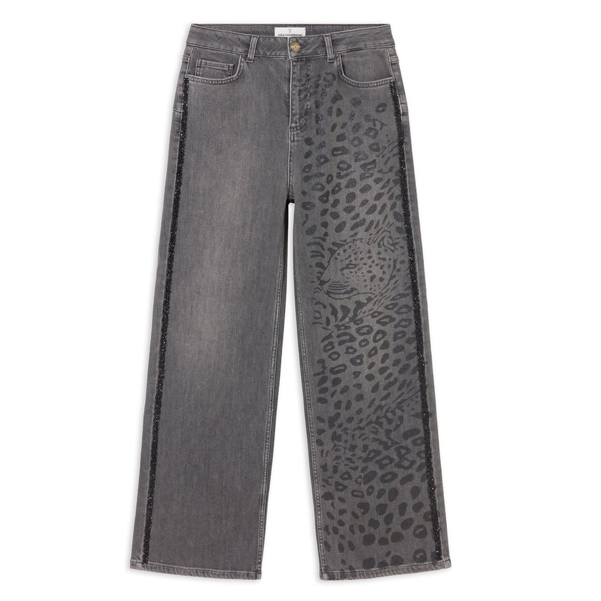 Jean droit imprimé léopard et strass denim gris, LOLA CASADEMUNT