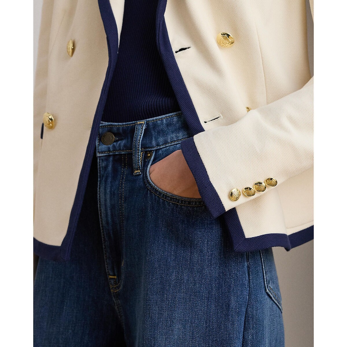 Giacca blazer con stemma ricamato ecru / navy, LAUREN RALPH LAUREN