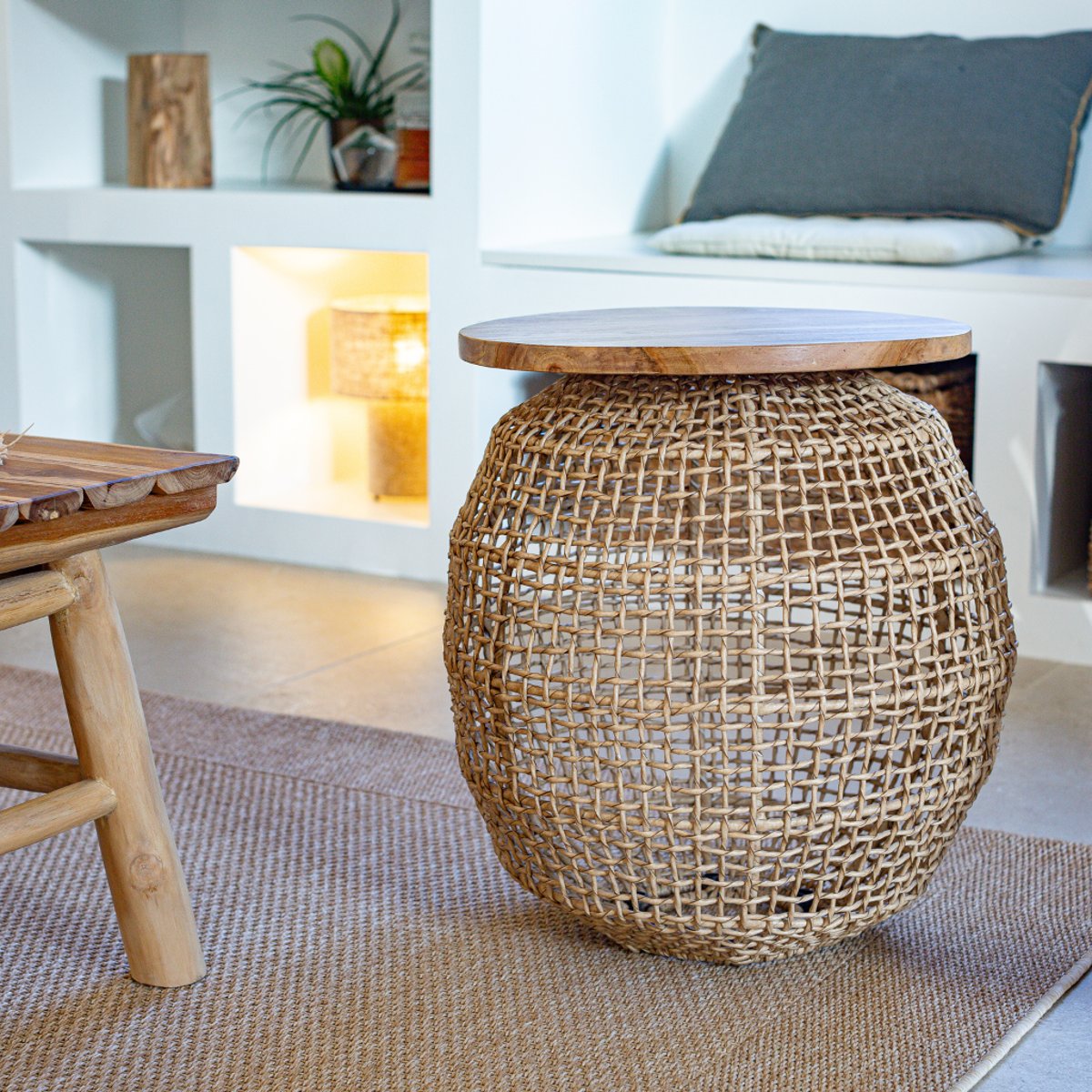 Table en corde et plateau en bois de teck ANNIE naturel, HYDILE