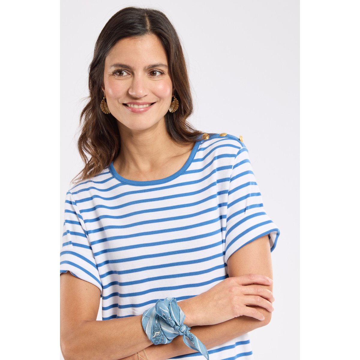 Robe longue rayée en coton épais blanc/federal blue, ARMOR-LUX