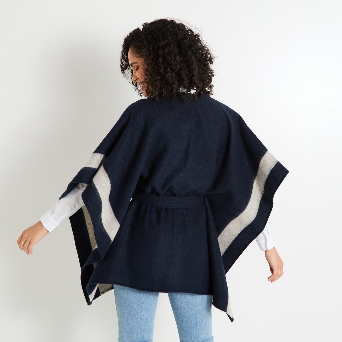 Poncho ouvert avec ceinture bleu marine, GRAIN DE MALICE