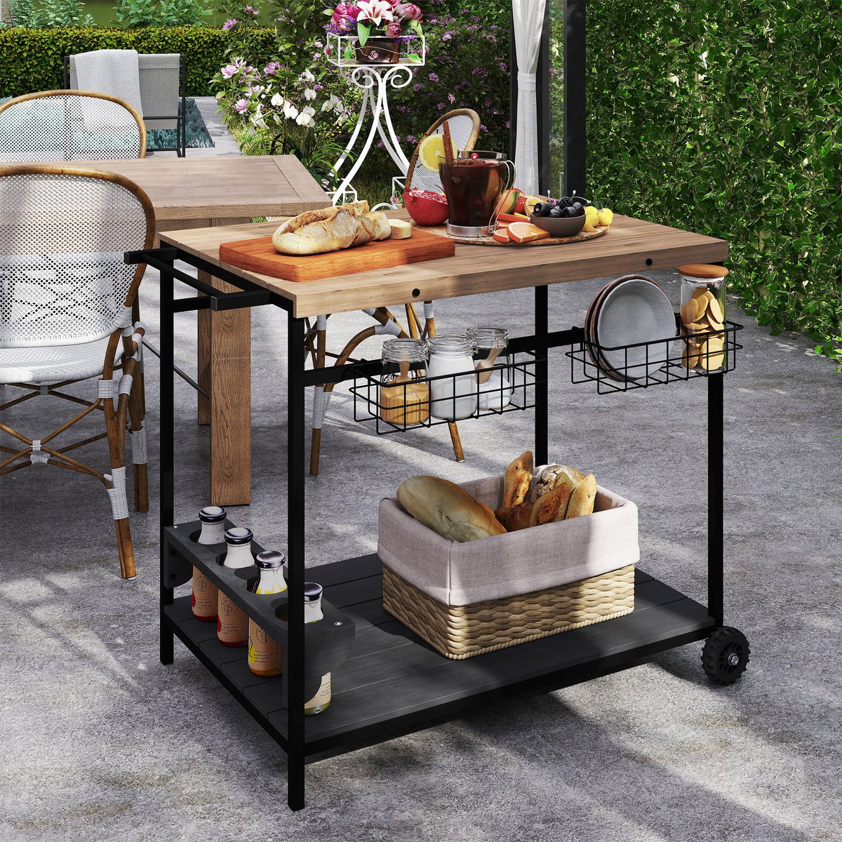 Chariot de service Acier Bois naturel beige, OUTSUNNY