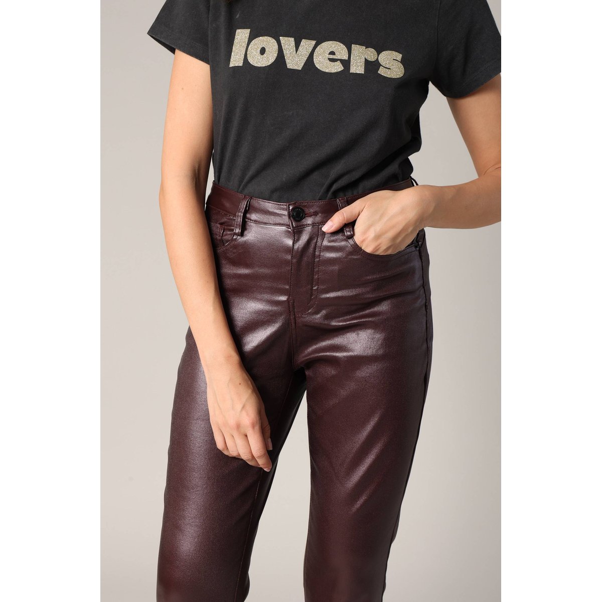 Pantalon slim taille haute, effet métallisé LYSIE plum, DEELUXE