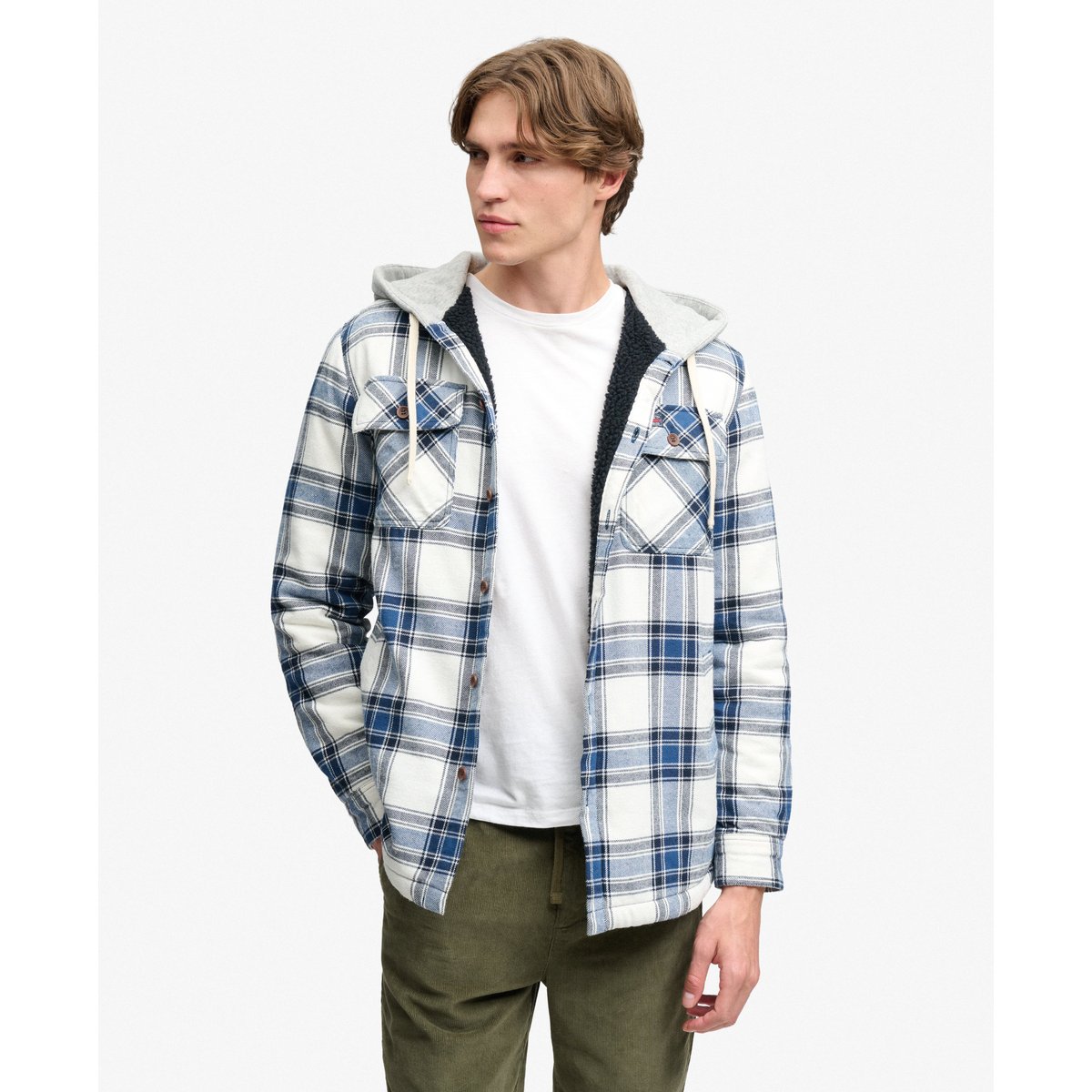 Surchemise à capuche doublée Borg carreaux worker blanc, SUPERDRY