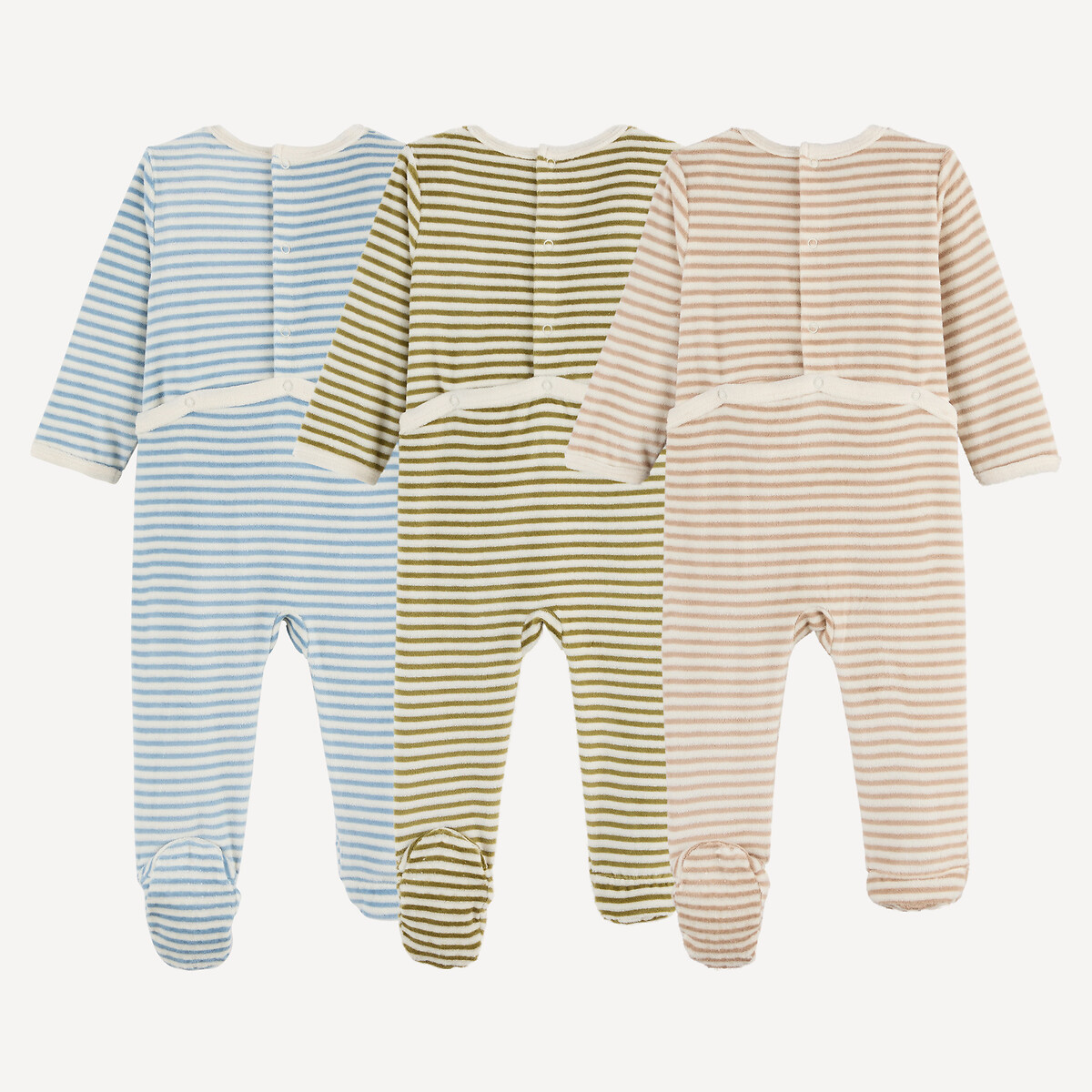 Lote de 3 pijamas de terciopelo de una sola pieza, de rayas, con texto estampado en el pecho verde + azul + beige, LA REDOUTE COLLECTIONS