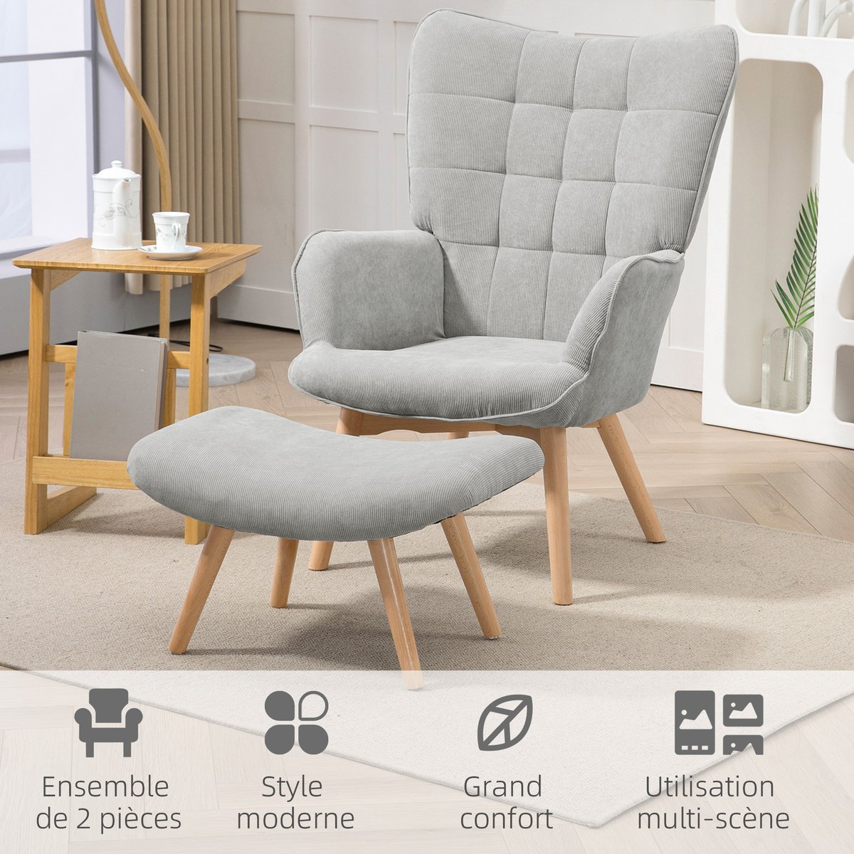 Fauteuil d'appoint avec repose-pieds gris, HOMCOM