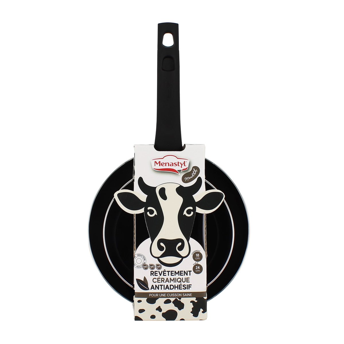 Set 1 poêle 24cm et 1 casserole 18cm en aluminium, VACHE blanc et noir, MENASTYL
