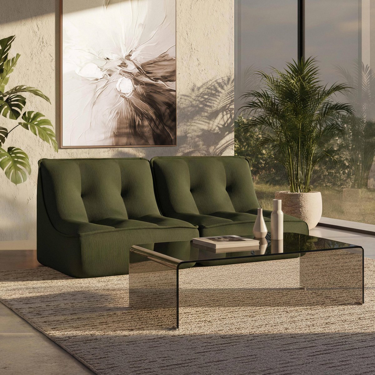 Lot de 2 fauteuils modulables en velours côtelé type chauffeuse, LIZY vert, OVIALA