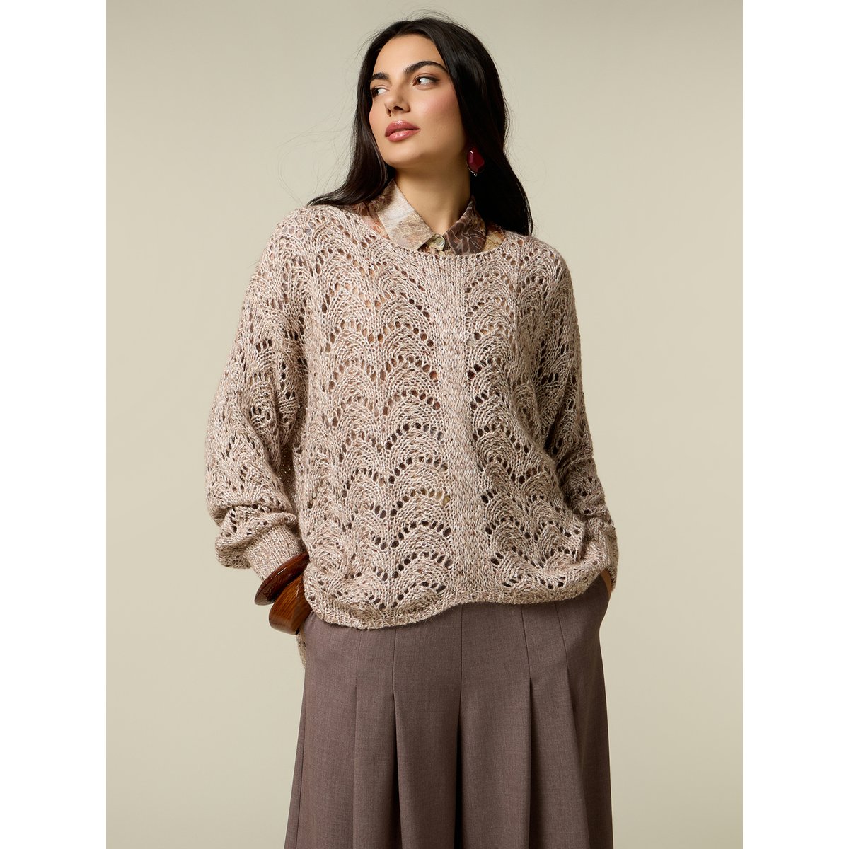 Pull ajouré à paillettes beige, OLTRE