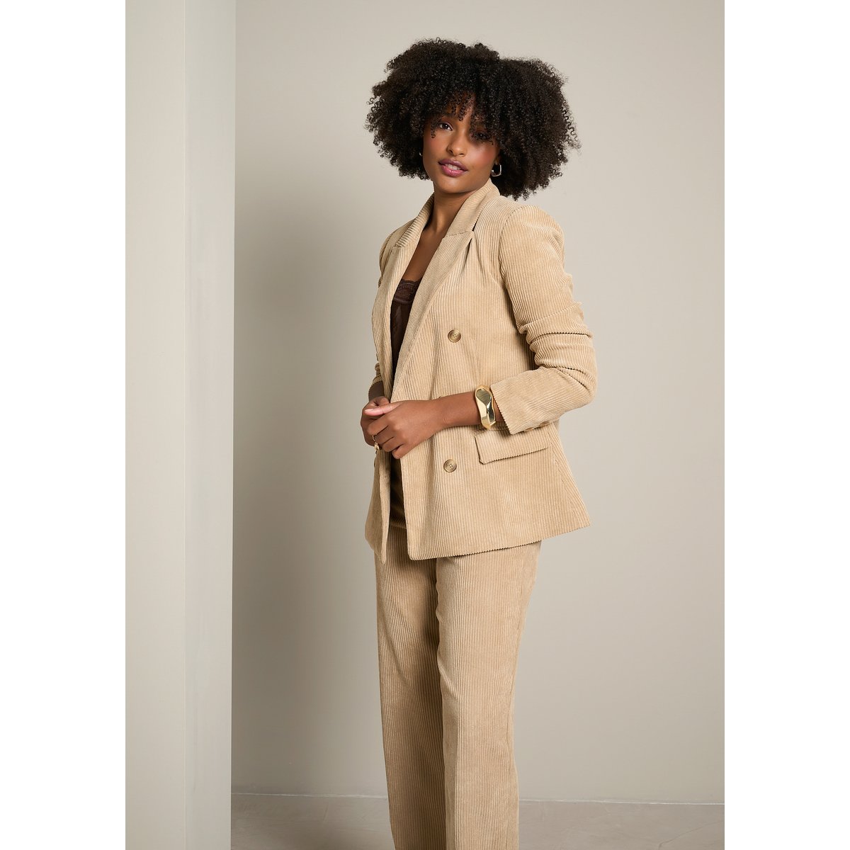 Blazer croisé en velours côtelé lt beige, LOLALIZA