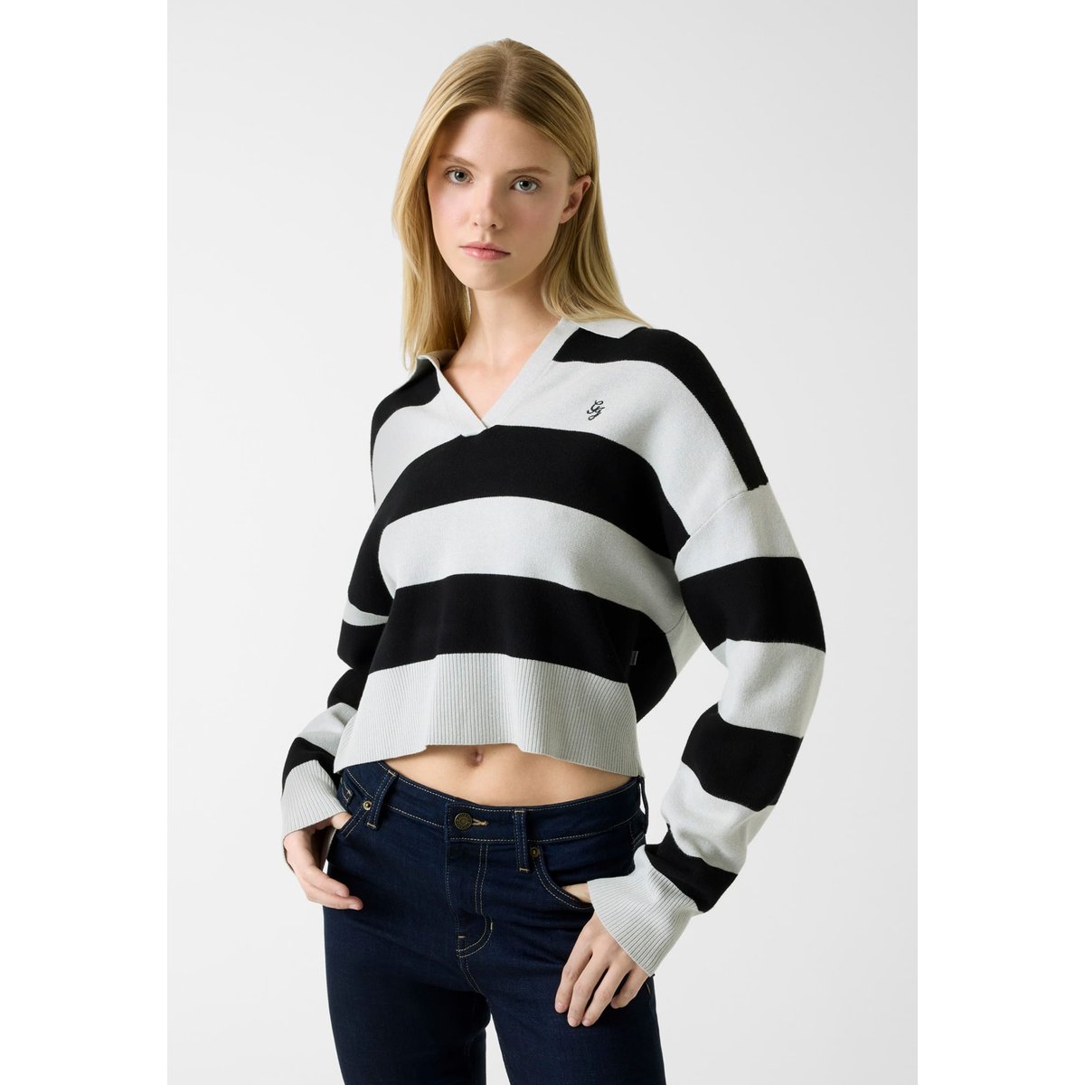 Pull Polo Rayé noir multi, GUESS JEANS