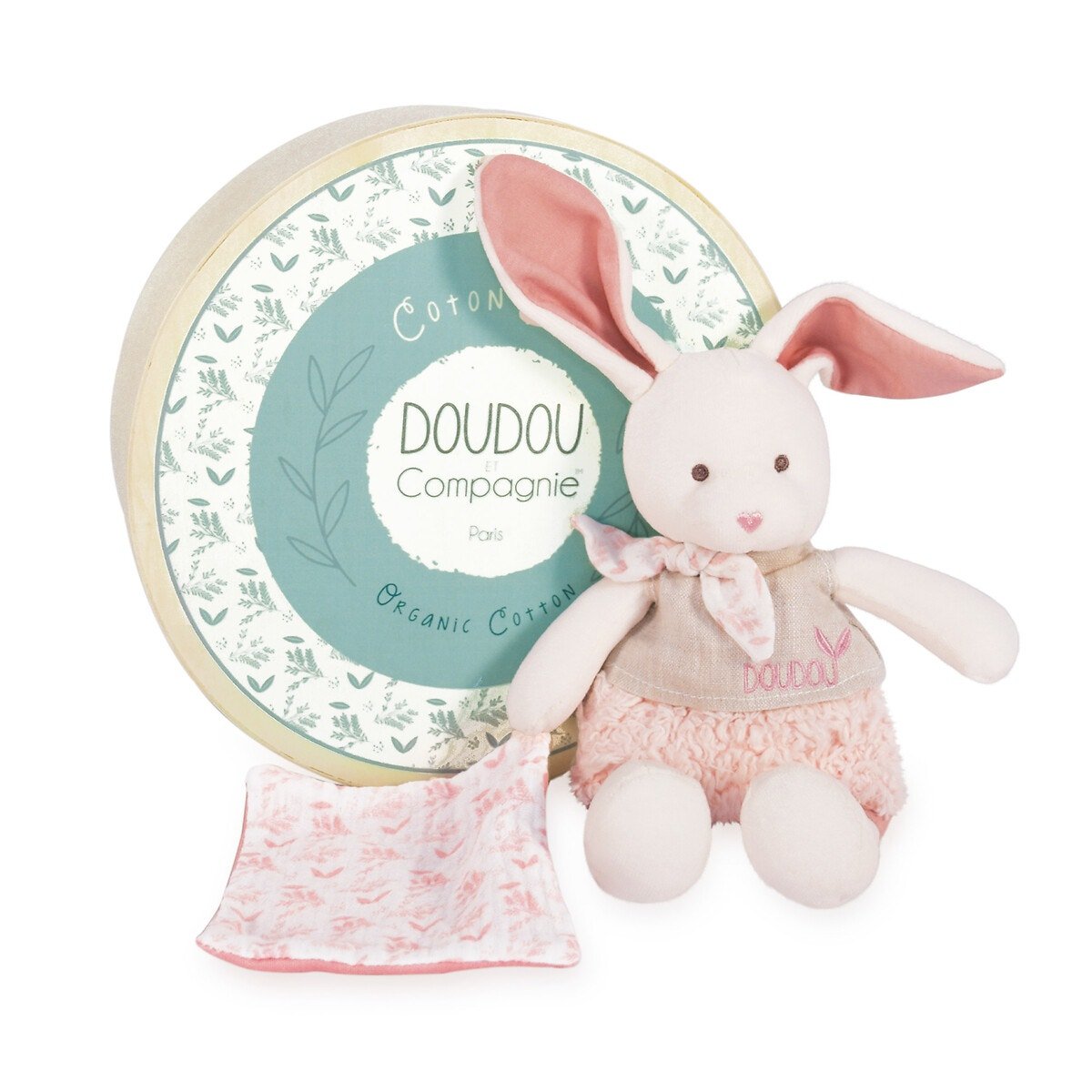 Lapin moyen modèle avec doudou 22 cm bio beige/rose, DOUDOU ET COMPAGNIE